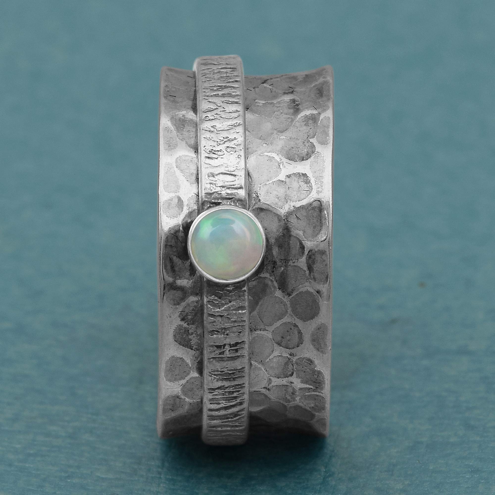 Spinner Ring !! Opal Gemstone Meditation Ring, Anxiety Ring, Anti Stress Ring, Worry Band 925 Sterling Silver Textured Band (11.5)