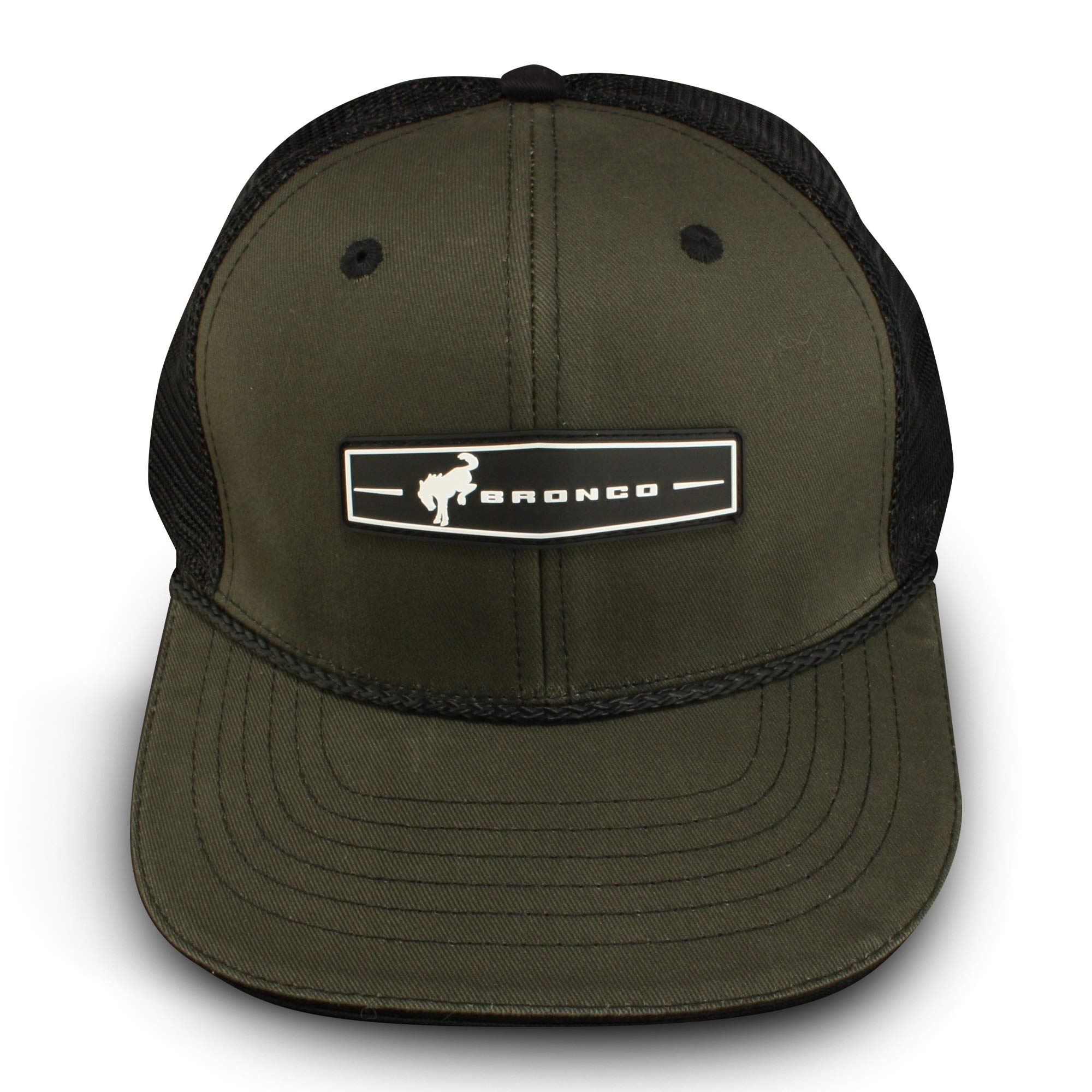 Ford Bronco Baseball Cap, Mesh Back Rubber Patch Trucker Hat, Dark Olive/Black