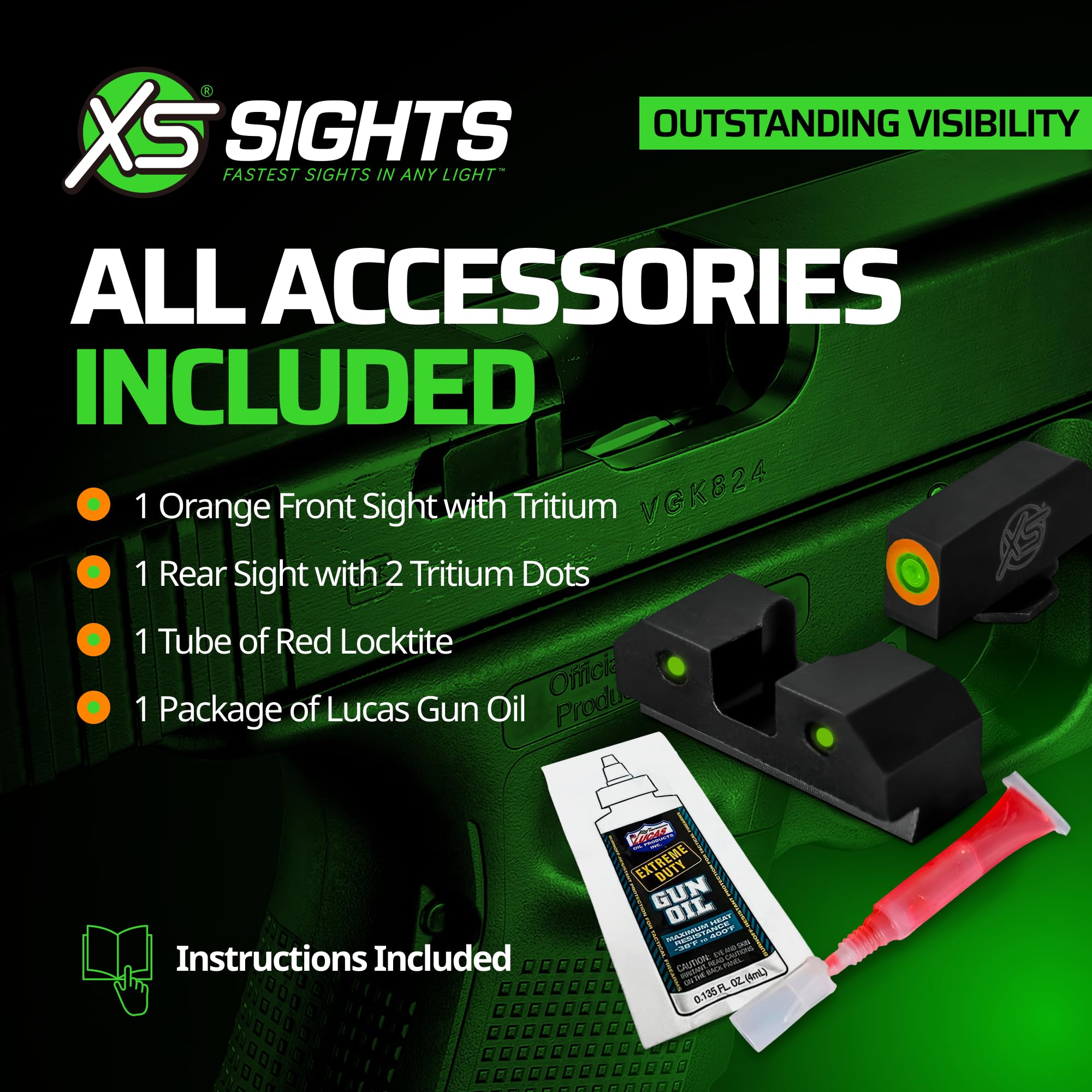 XS SIGHTS 3-Dot Tritium Night Sights, Fits Glock Gen 1 – 5 +MOS Pistols, Dual Illuminated Orange Front Sight Equipped with Tritium/Photoluminescent Glow Dot (Glock 20, 21, 29, 30, 30S, 37, 41)