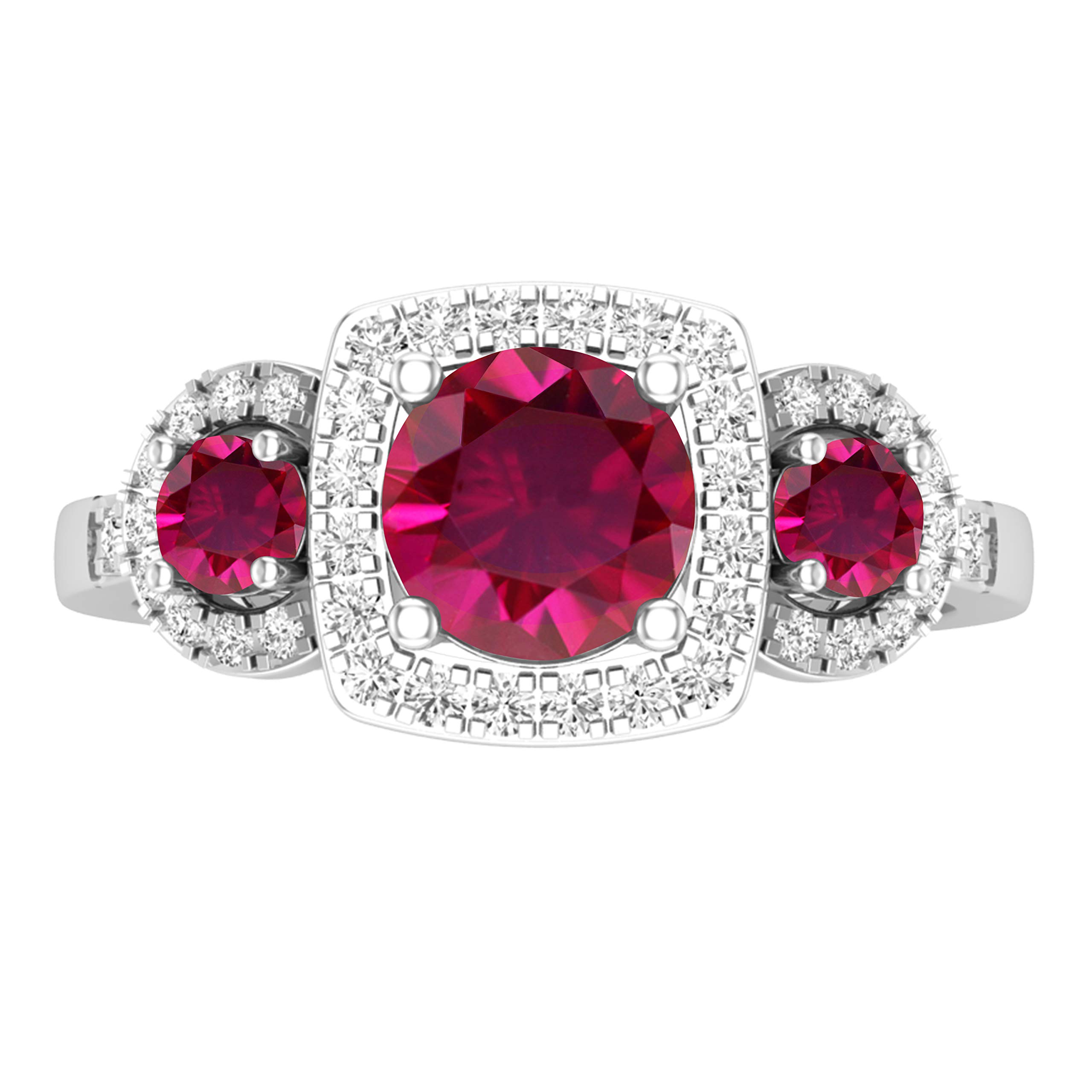 Dazzlingrock Collection Round Lab Created Ruby & Natural White Diamond Women 3 Stone Halo Style Engagement Ring, Sterling Silver, Size 8.5