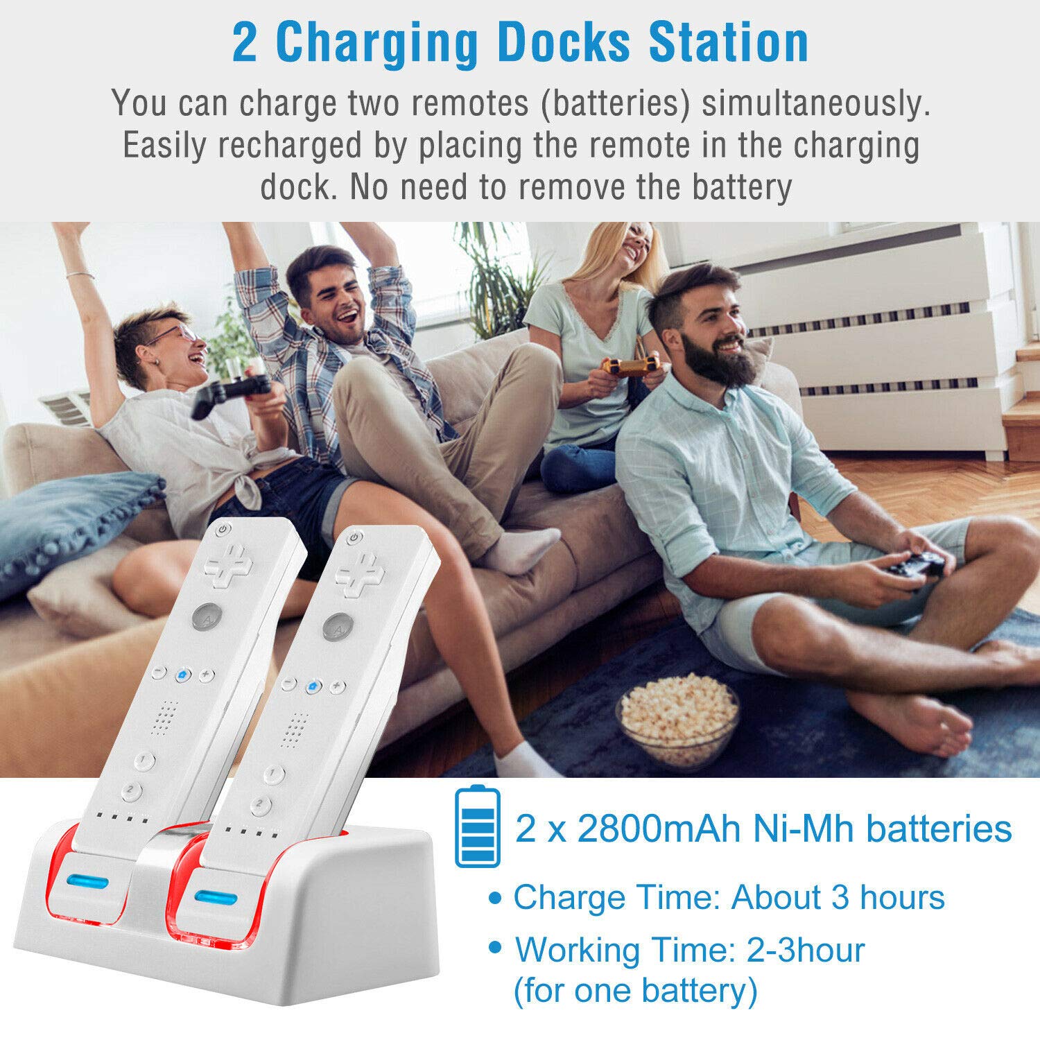 Wii Controller Charger Station, 2 in 1 Dual Charging Dock Station for Nintendo WII/WII U Controllers with Two 2800mAh Rechargeable Battery Pack White