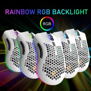 Wireless Lightweight Gaming Mouse Honeycomb with 7 Button Multi RGB Backlit Perforated Ergonomic Shell Optical Sensor Adjustable DPI Rechargeable 800mAh Battery USB Receiver for PC Mac Gamer(White)