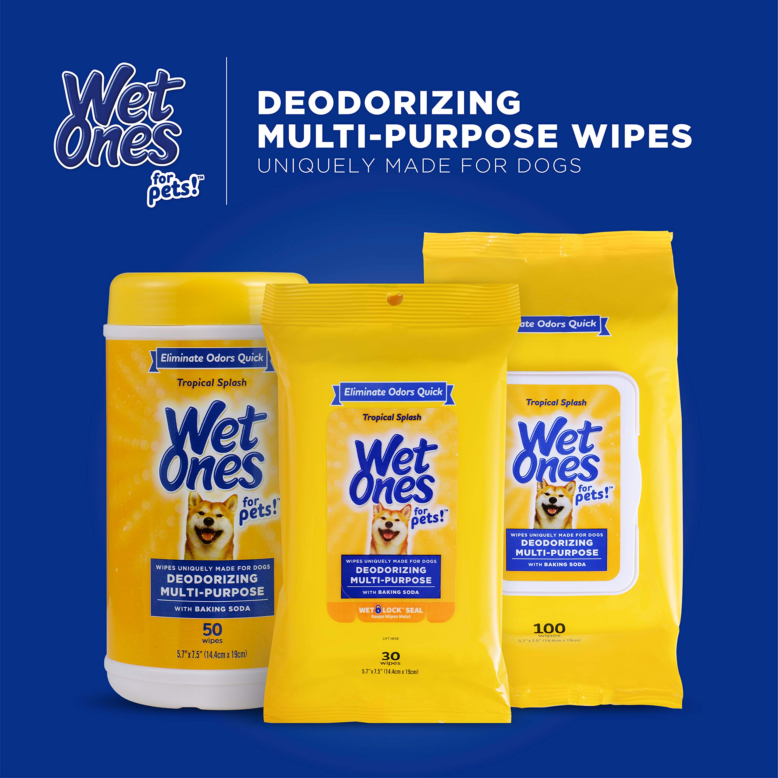 Wet Ones for Pets Desmellizing Multi-Purpose Dog Wipes with Baking Soda Dog Desmellizing Wipes for All Dogs in Tropical Splash Scent, Wet Ones Wipes for Desmellizing Dogs| Hundred Ct Pouch Dog Wipes