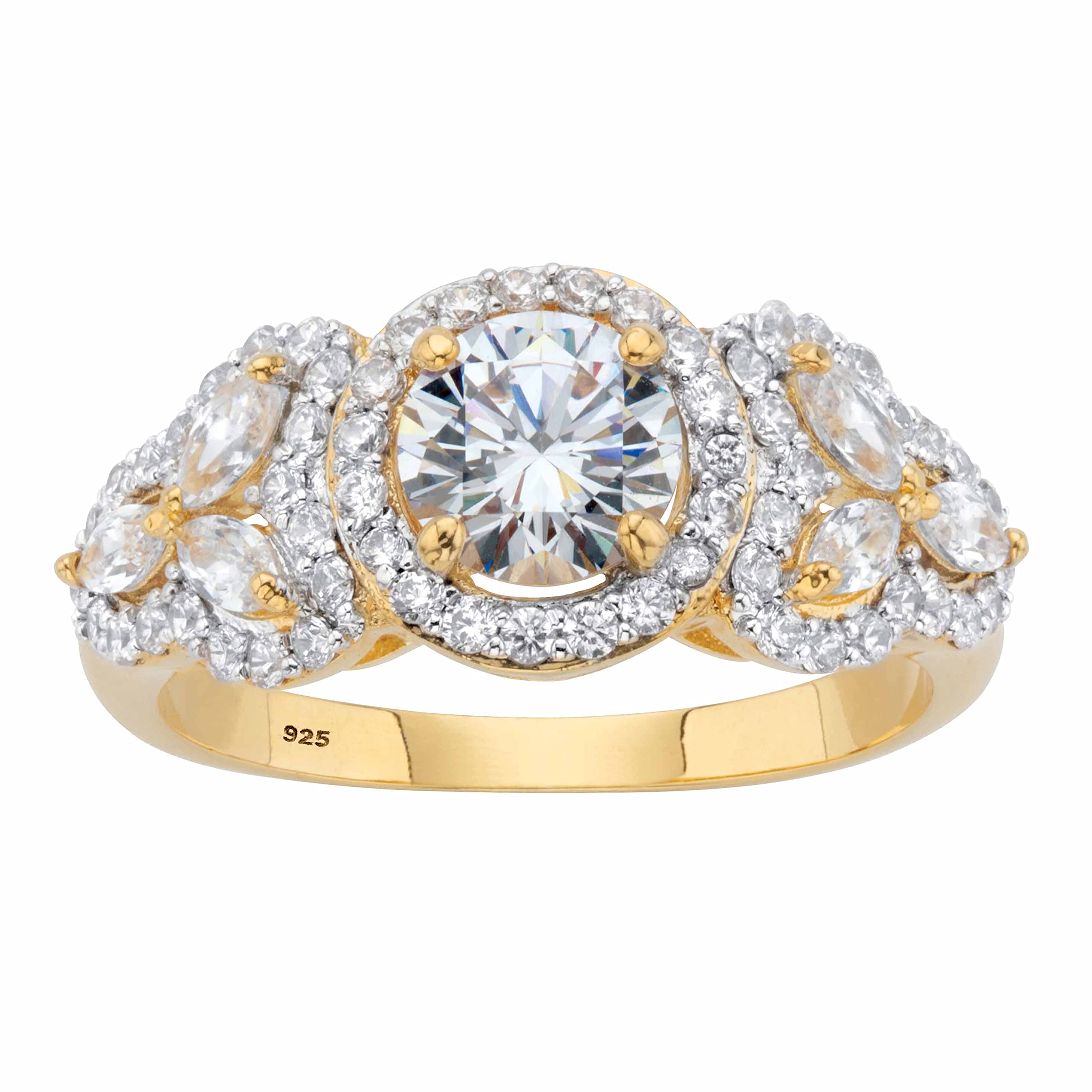 PalmBeach Jewelry Platinum-Plated or Yellow Gold-Plated Sterling Silver Round and Marquise Cut Cubic Zirconia Halo Engagement Ring Size 7