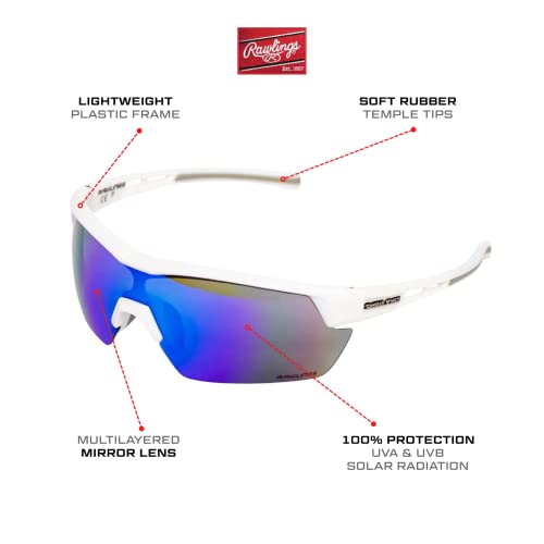 Rawlings 134 Kids Sunglasses for Baseball and Youth Softball Sunglasses - 100% UV Lightweight Poly Lens with Stylish Shield Lenses (White/Blue)