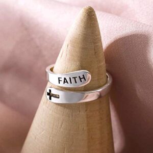 Caiyao Cross Faith Inspirational Rings Silver Open Adjustable Spiral Wrap Eternity Cross Faith Twist Ring Encouragement Personalized Jewelry Women Birthday Gifts-A cross