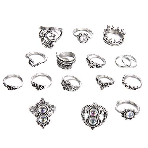 SEniutarm Engagement Love Rings Wedding Bands 16Pcs/Set Retro Boho Hamsa Hand Crown Finger Midi Knuckle Stacking Rings Jewelry for Women/Girl Finger Rings DIY Jewelry Gifts - Antique Silver