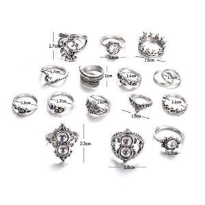 SEniutarm Engagement Love Rings Wedding Bands 16Pcs/Set Retro Boho Hamsa Hand Crown Finger Midi Knuckle Stacking Rings Jewelry for Women/Girl Finger Rings DIY Jewelry Gifts - Antique Silver