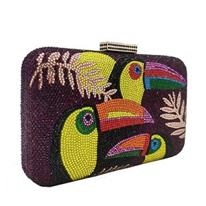 Boutique De FGG Toucan Bird Purple Crystal Clutch Purses for Women Evening Handbags Party Rhinestone Clutch Bag, Small