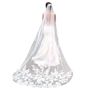 salliy aiosy layer wedding veil bridal veil embroidery lace edge bride with comb cathedral length hair accessories (white) (white)