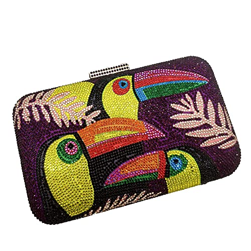 Boutique De FGG Toucan Bird Purple Crystal Clutch Purses for Women Evening Handbags Party Rhinestone Clutch Bag, Small