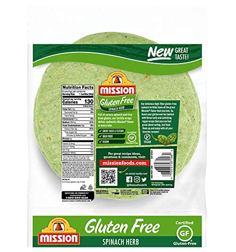 Mission Gluten Free Spinach Herb Tortilla Wraps (2 Packs) - Vegan - High Fiber - (12 Tortillas)