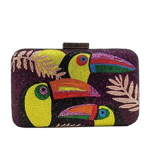 Boutique De FGG Toucan Bird Purple Crystal Clutch Purses for Women Evening Handbags Party Rhinestone Clutch Bag, Small