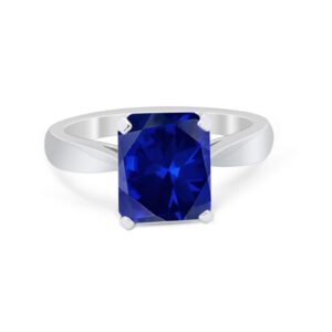 Blue Sapphire CZ Size-7 Minimalist Solitaire Ring Vinatge Style Radiant Cut CZ Statement Wedding Engagement Rings For Women 925 Sterling Silver Gifts For Her