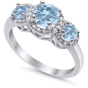 Blue Apple Co. Simulated Aquamarine CZ Size-11 3 Stone Halo Wedding Band Ring Round Simulated Cubic Zirconia 925 Sterling Silver