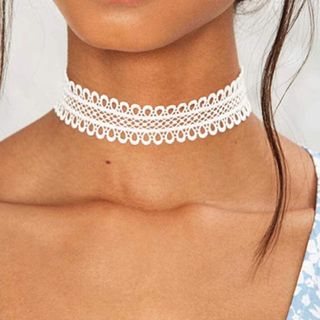 TseanYi Wide Lace Choker Necklace White Hollow Lace Collar Necklace Elastic Clavicle Necklace Chain Fashion Jewelry for Women(White)