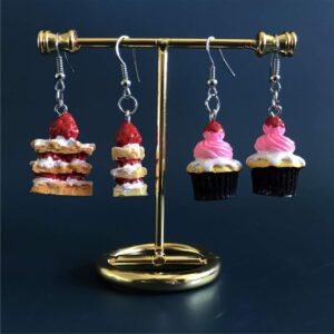 DAMLENG 2 Pairs Unique Handmade Simulation Strawberry Layer Cake Dessert Dangle Drop Earrings Set for Women Girls Teens funny Creative Ice Cream Food Jewelry Gifts (Pink) 1