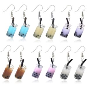 6 pairs cute pearl milk tea dangle earrings tea drop earrings women funny creative unique earring set (6 pairs cute pearl milk tea)