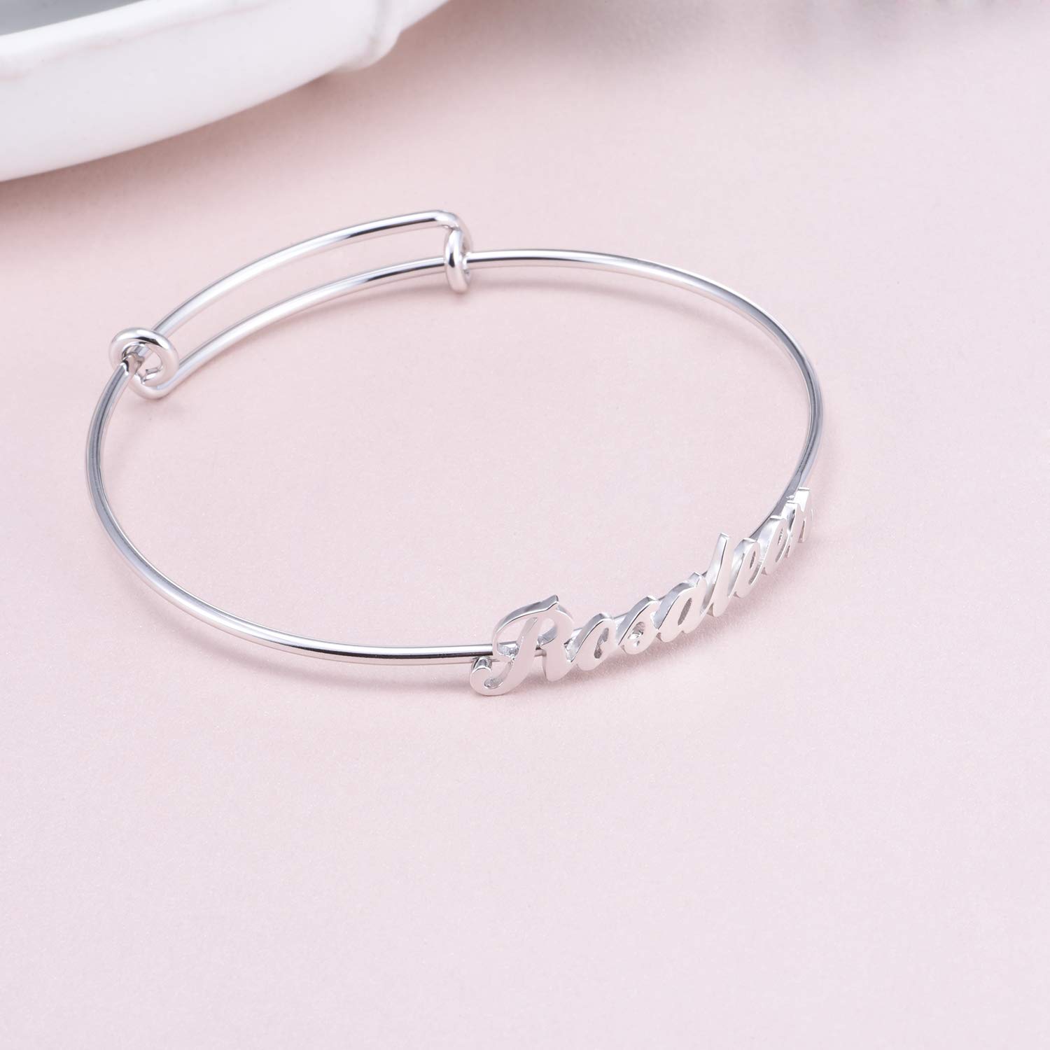 RMREWY Sterling Silver Personalized Name Bracelet Handmade Engrave Name Adjustable Bangle Custom Jewelry Christmas Gift for Women Mom