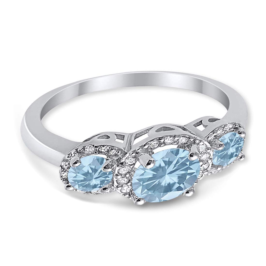 Blue Apple Co. Simulated Aquamarine CZ Size-11 3 Stone Halo Wedding Band Ring Round Simulated Cubic Zirconia 925 Sterling Silver