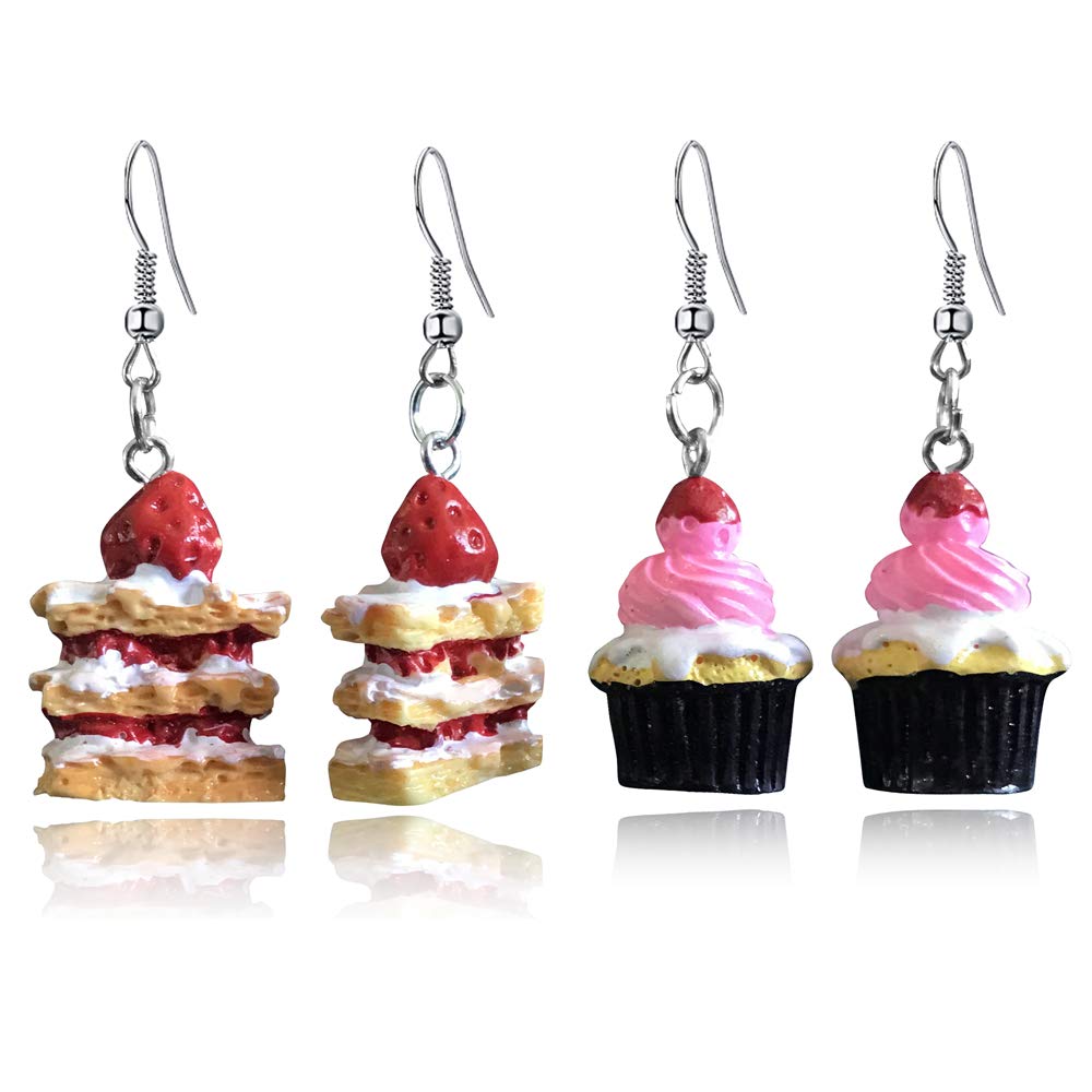 DAMLENG 2 Pairs Unique Handmade Simulation Strawberry Layer Cake Dessert Dangle Drop Earrings Set for Women Girls Teens funny Creative Ice Cream Food Jewelry Gifts (Pink) 1