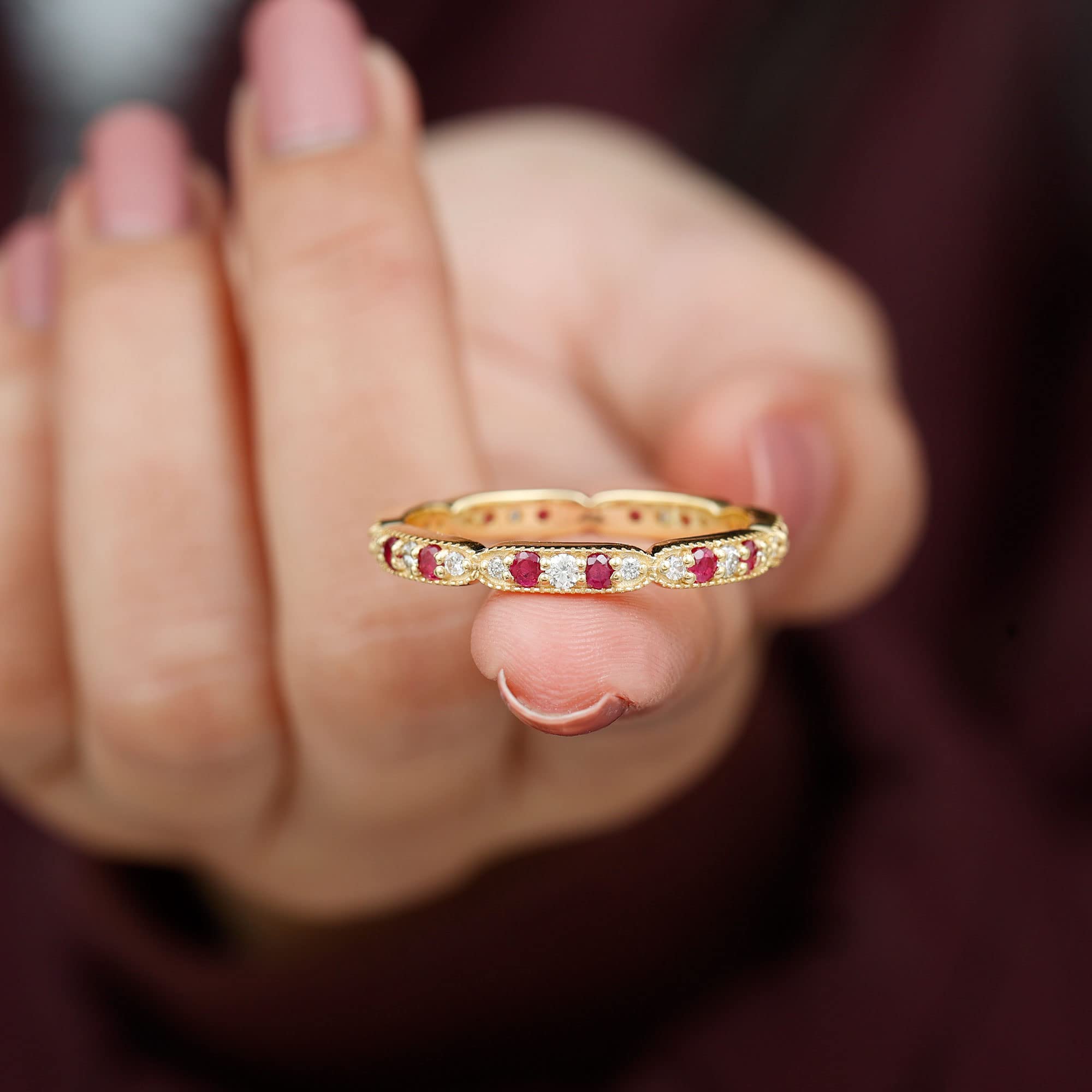 Rosec Jewels 1.25 CT Ruby and Diamond Full Eternity Ring, Ruby and Diamond Gold Full Eternity Ring, Gold Milgrain Eternity Ring with Ruby, 14K Yellow Gold, Size:US 12.00