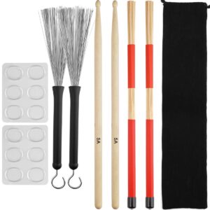 drum sticks set,eison 5a maple wood drum sticks,drum rods brushes,retractable drum wire brushes,12pcs drum dampeners with portable bag,drumsticks gift sets for kids adults drummer practice