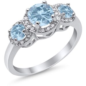 Blue Apple Co. Simulated Aquamarine CZ Size-11 3 Stone Halo Wedding Band Ring Round Simulated Cubic Zirconia 925 Sterling Silver