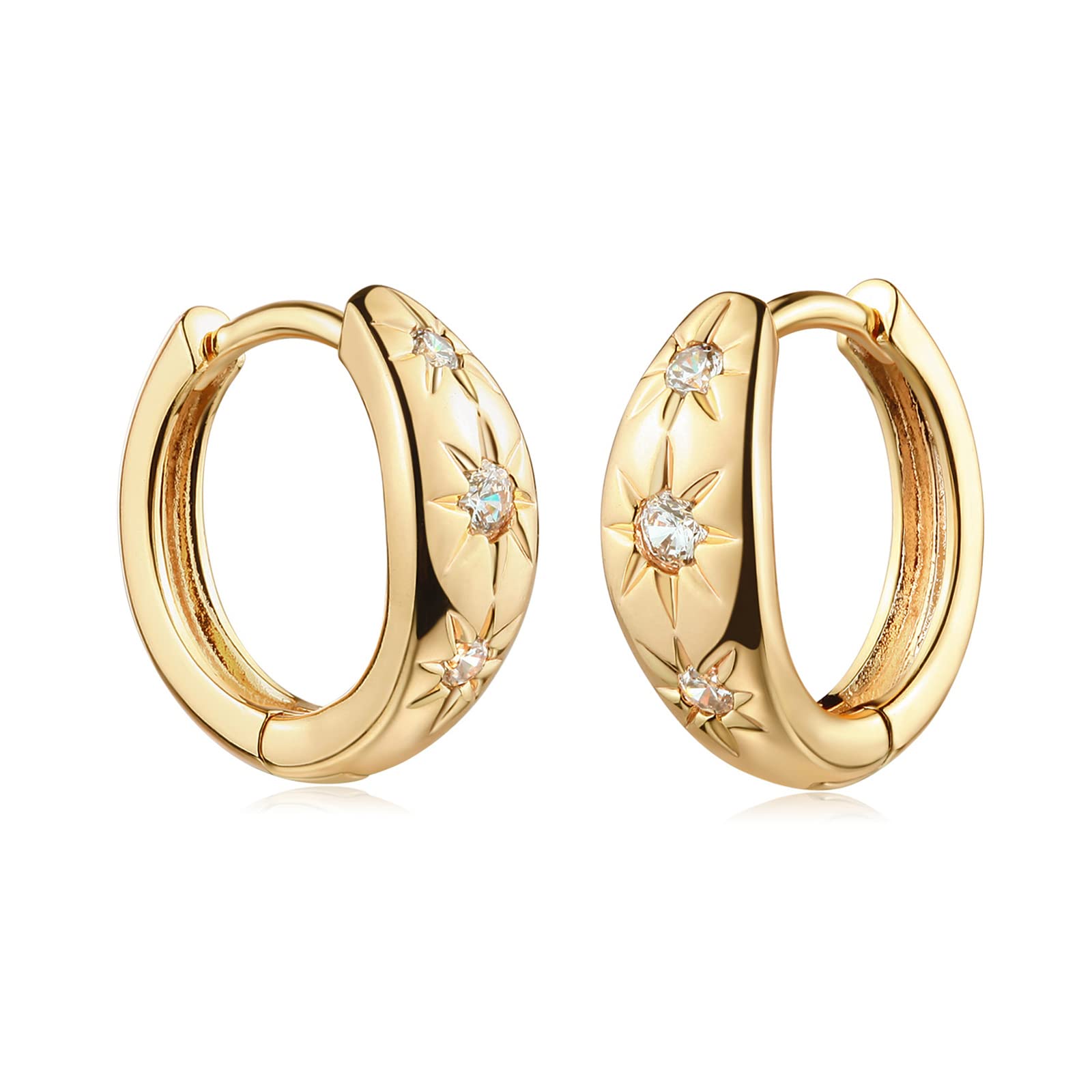 MYEARS Women Starburst Earrings Gold Huggie Hoop Triple Stars Diamond Cubic Zirconia 14K Gold Filled Small Simple Handmade Hypoallergenic Everyday Jewelry