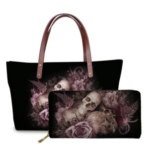 jeocody mexican day of the dead pink flower skull tote bag skeleton floral casual shoulder bag shopping handbag women long travel wallet phone clutch card holder purse gift for girls 2 pieces