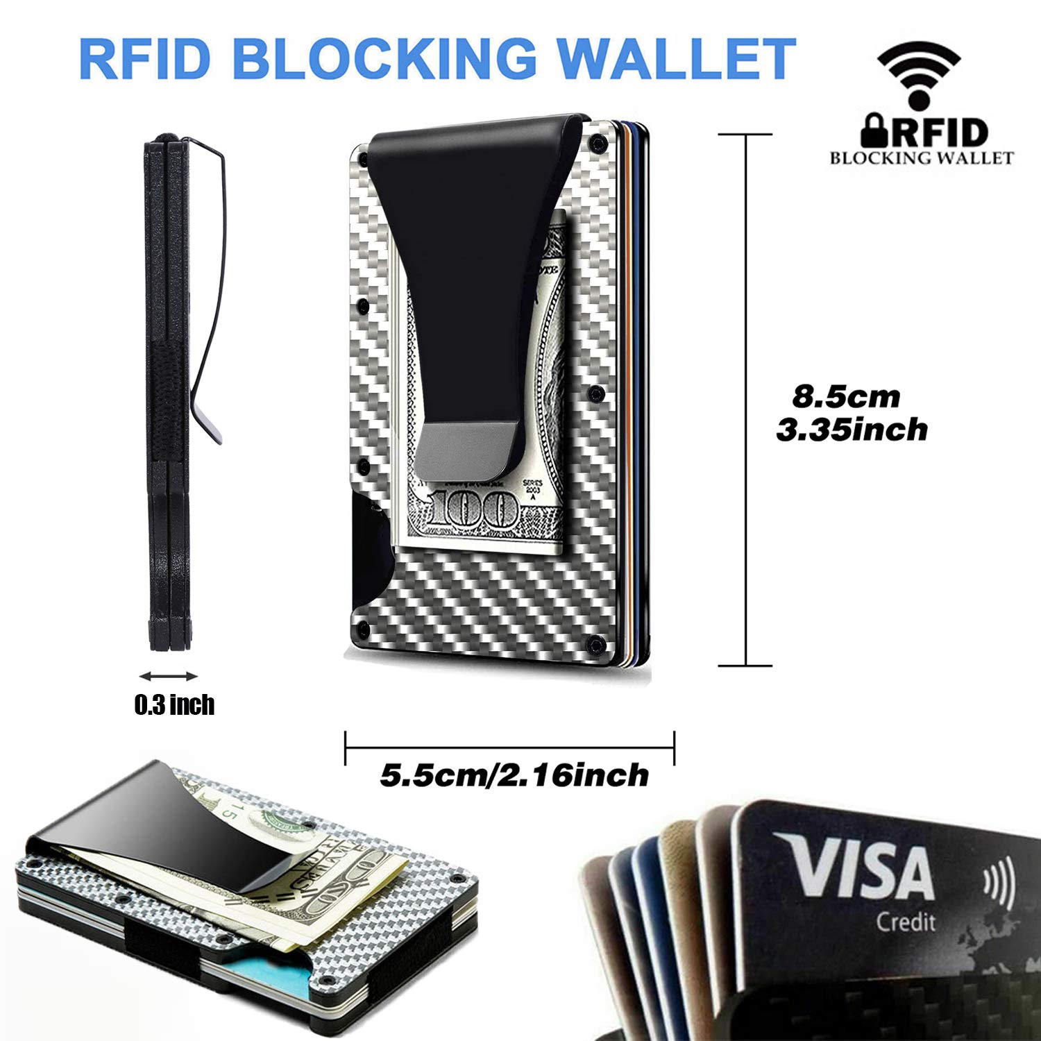 YHF RFID Blocking Money Clip Wallets for Men & Women - Minimalist Wallet Credit Card Holder/Organizer - Carbon Fiber Wallets Slim Ideal Gift For Mens Women(Silver)