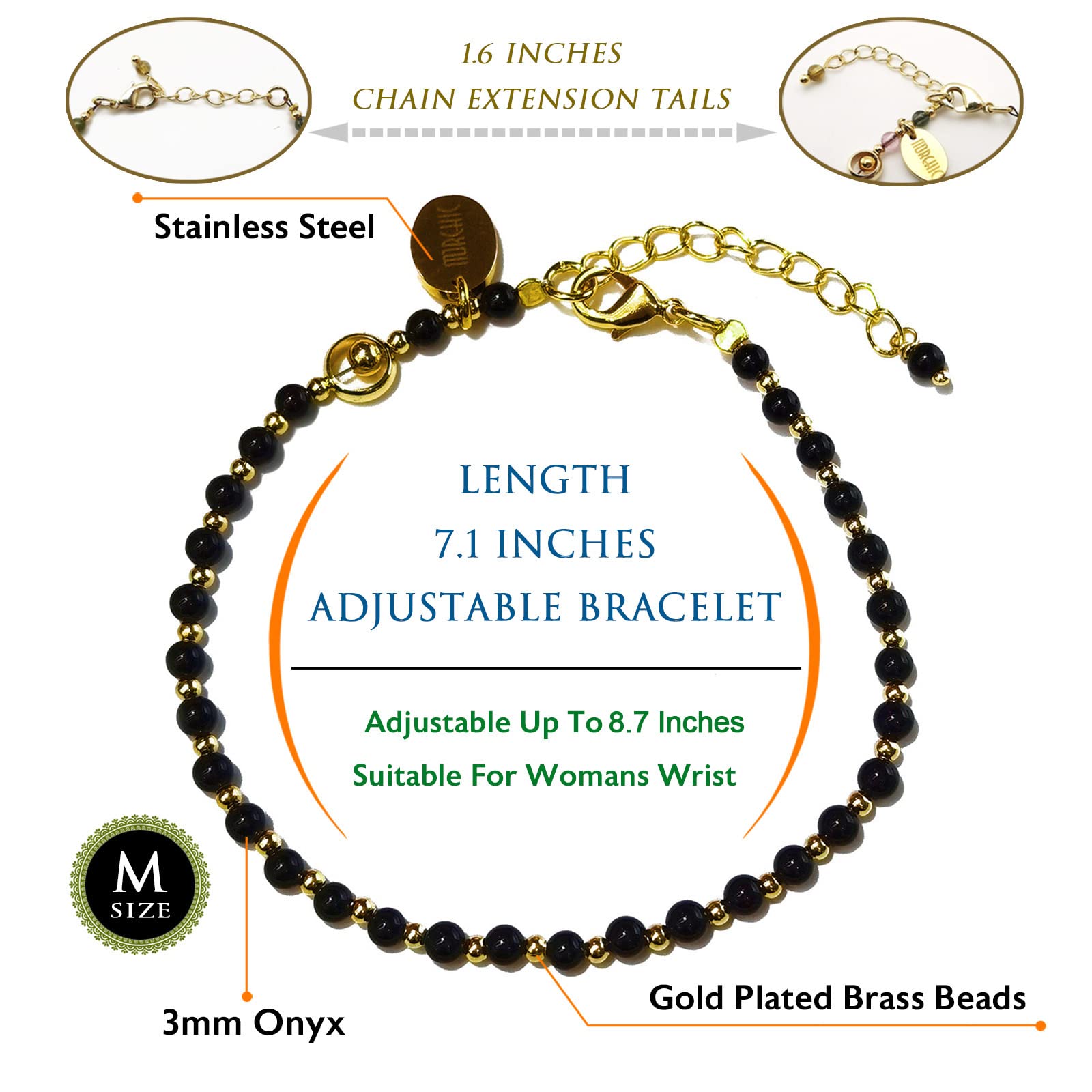 Morchic Black Onyx Agate Natural Gemstone Adjustable Bracelet for Women, 3mm Mini Beads Energy Gem Charm Jewelry, Birthday Gift 7.1"