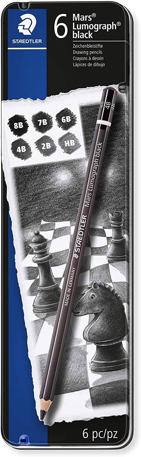 Staedtler Mars Lumograph Black Artist Wooden Lead Pencil - Box of 6 (8B 7B 6B 4B 2B HB) in Metal Box- with Tub 2-Hole Sharpener and Free Eraser