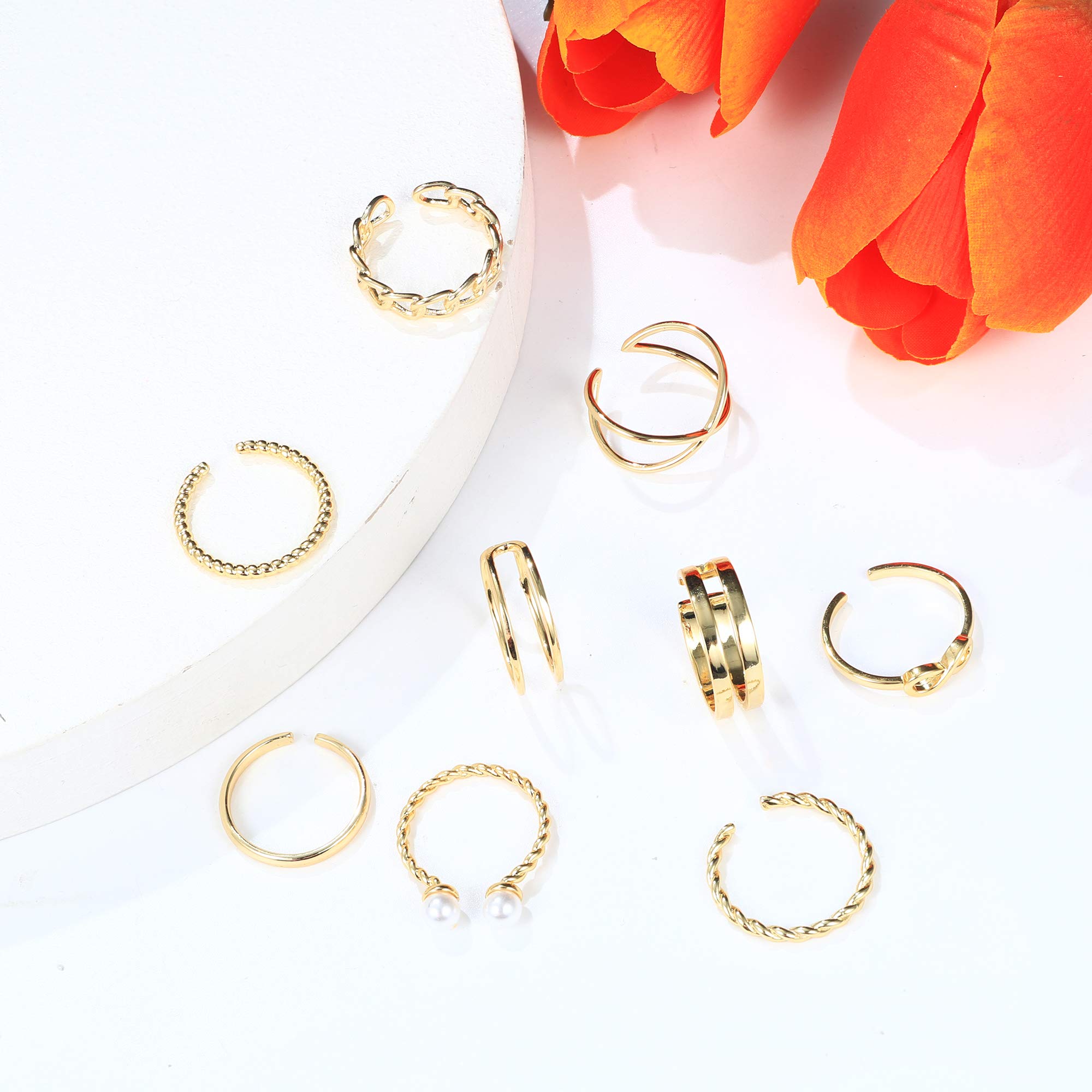 LOYALLOOK 9PCS Vintage Knuckle Stackable Rings Set for Women Bohemian Retro Gold/Silver Plated Midi Ring Hollow Pearl Comfort Fit Vsco Joint Finger Rings Adjustable (Gold Tone)