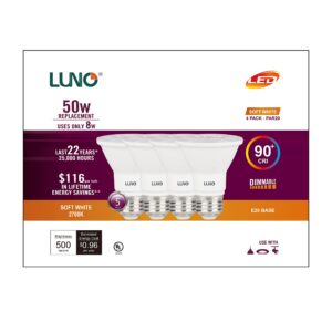 LUNO PAR20 Dimmable LED Bulb, CRI 90+, 8W (50W Equivalent), 500 Lumens, 2700K (Soft White), Medium Base (E26), UL Listed (4-Pack)