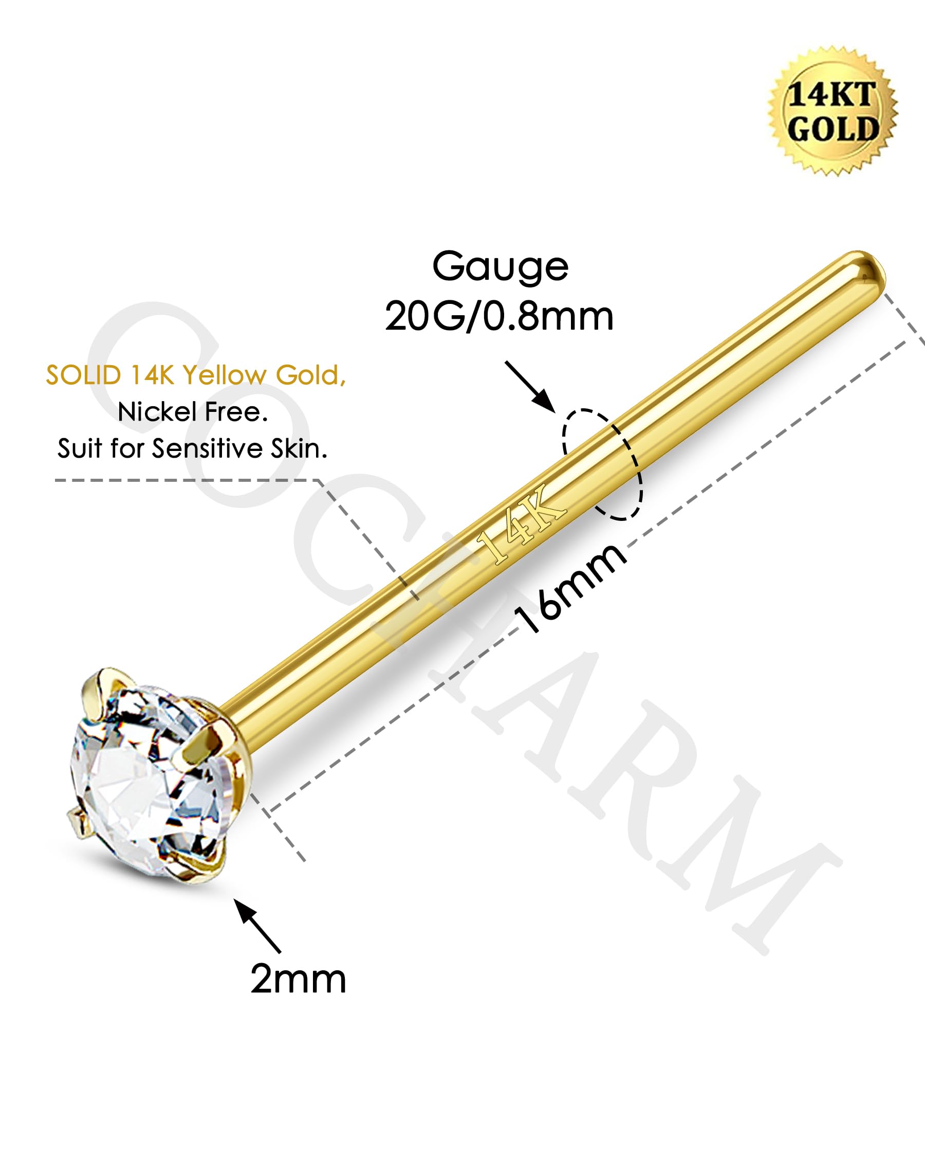 COCHARM Fishtail Nose Stud Ring 20g 14k Real Gold Custom Bendable Nose Rings CZ Nose Piercing Jewelry for Women Men 2mm