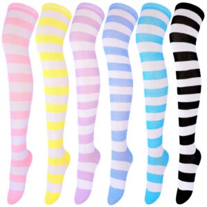 Aneco 6 Pairs Striped Over Knee High Socks Stripe High Thigh Stockings Women Long Socks for Daily Wear, Cosplay