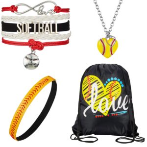 willbond 4 pieces softball girl accessories set, softball headband softball bracelet softball necklace softball drawstring bag for women girls