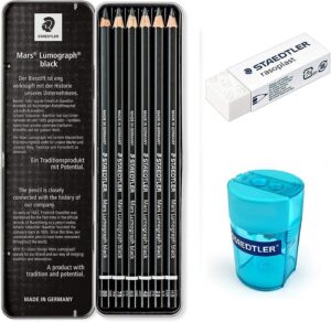 staedtler mars lumograph black artist wooden lead pencil - box of 6 (8b 7b 6b 4b 2b hb) in metal box- with tub 2-hole sharpener and free eraser