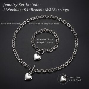 LOYALLOOK 3Sets Heart Pendant Necklace Toggle Chain Heart Bracelet Heart Stud Earrings for Women Stainless Steel Charm Love Heart Jewelry Set for Valentine's Day