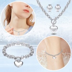 LOYALLOOK 3Sets Heart Pendant Necklace Toggle Chain Heart Bracelet Heart Stud Earrings for Women Stainless Steel Charm Love Heart Jewelry Set for Valentine's Day