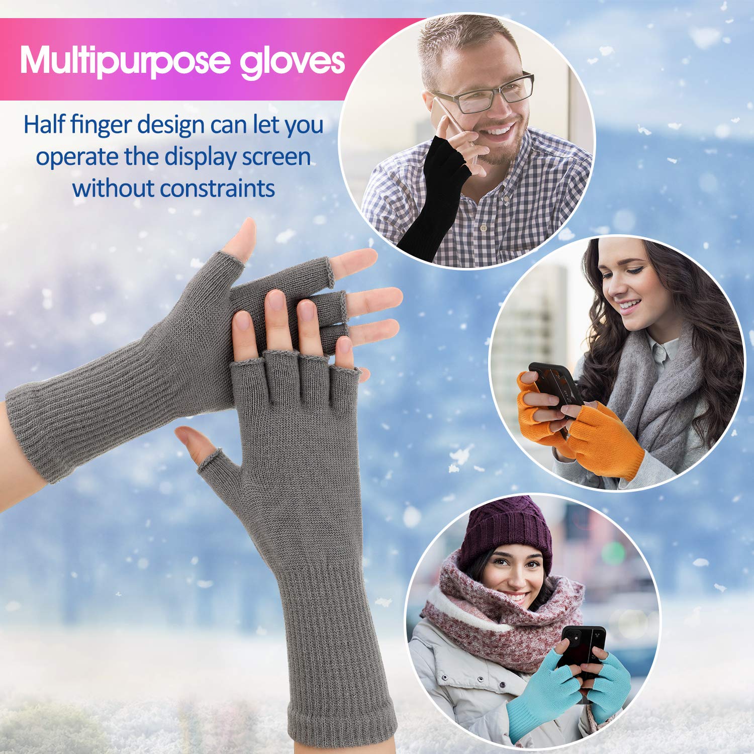 6 Pairs Unisex Half Finger Gloves Warm Stretchy Knit Fingerless Gloves 8.6 Inches Soft Gloves for Women Men (Black, White, Blue, Orange, Pink, Grey)