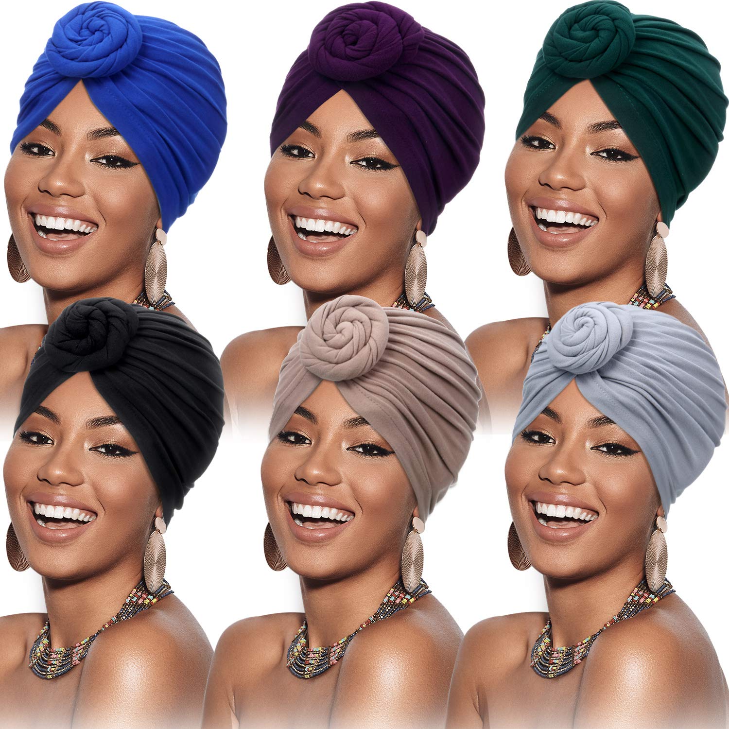 SATINIOR 6 Pieces Women African Turban Flower Knot Pre-Tied Bonnet Beanie Cap Headwrap (Black, Royal-blue, Gray, Camel, Purple, Green)