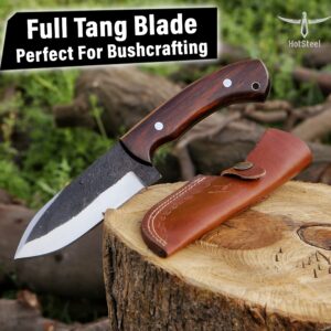 High Carbon Steel Knife - Handmade Full Tang Bushcraft Knife - Hunting Knife, Survival Knife, Fixed Blade Knife & Camping Knife - Camping Knives & Hunting Knives with Rosewood Handle & leather Sheath