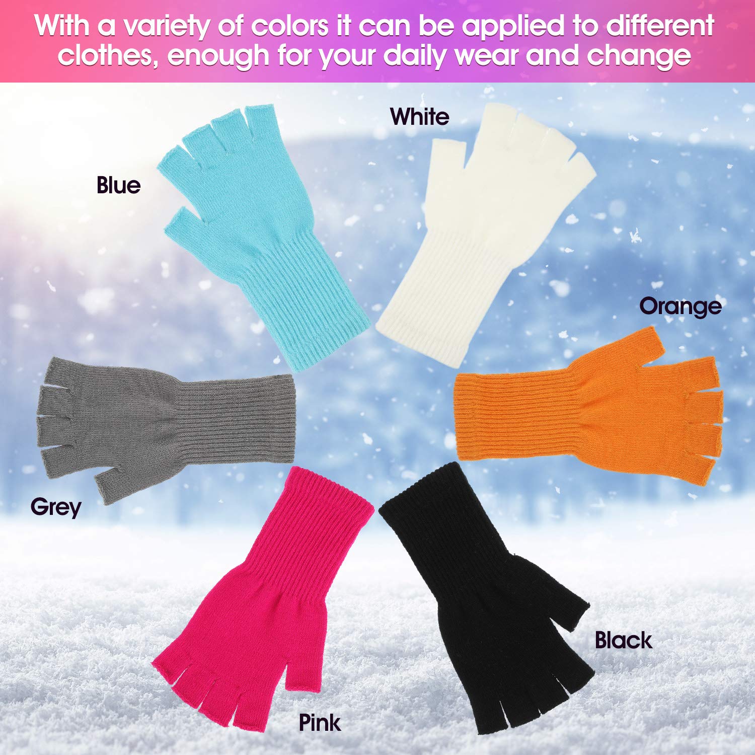 6 Pairs Unisex Half Finger Gloves Warm Stretchy Knit Fingerless Gloves 8.6 Inches Soft Gloves for Women Men (Black, White, Blue, Orange, Pink, Grey)