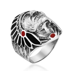 Simulated Black Onyx & Reconstructed Red Coral Accented Native American Style .925 Sterling Silver Ring (9)