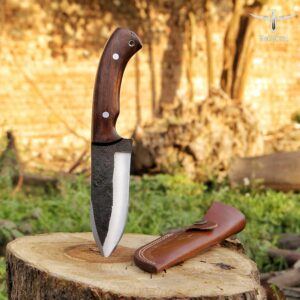 High Carbon Steel Knife - Handmade Full Tang Bushcraft Knife - Hunting Knife, Survival Knife, Fixed Blade Knife & Camping Knife - Camping Knives & Hunting Knives with Rosewood Handle & leather Sheath