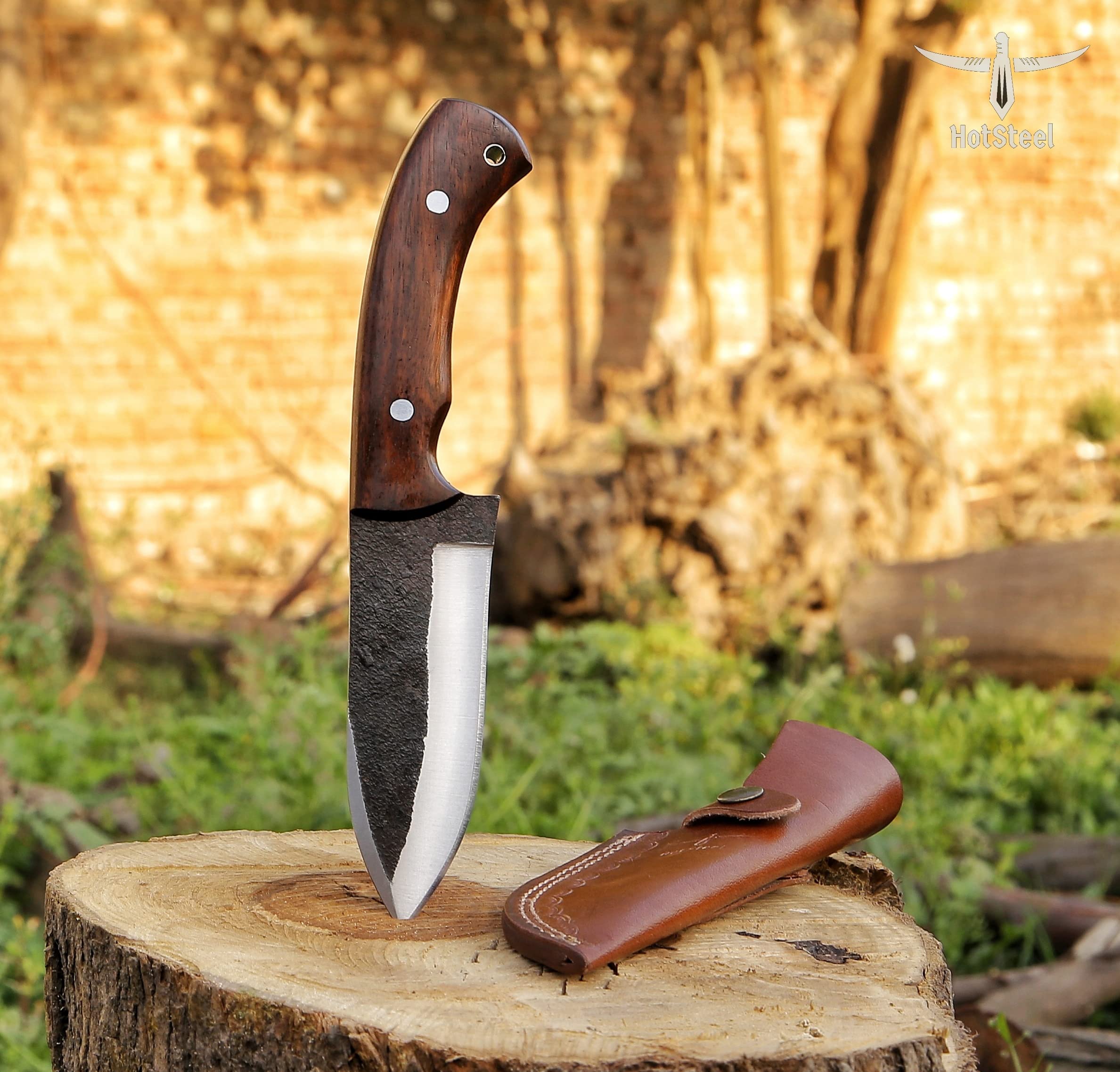 High Carbon Steel Knife - Handmade Full Tang Bushcraft Knife - Hunting Knife, Survival Knife, Fixed Blade Knife & Camping Knife - Camping Knives & Hunting Knives with Rosewood Handle & leather Sheath