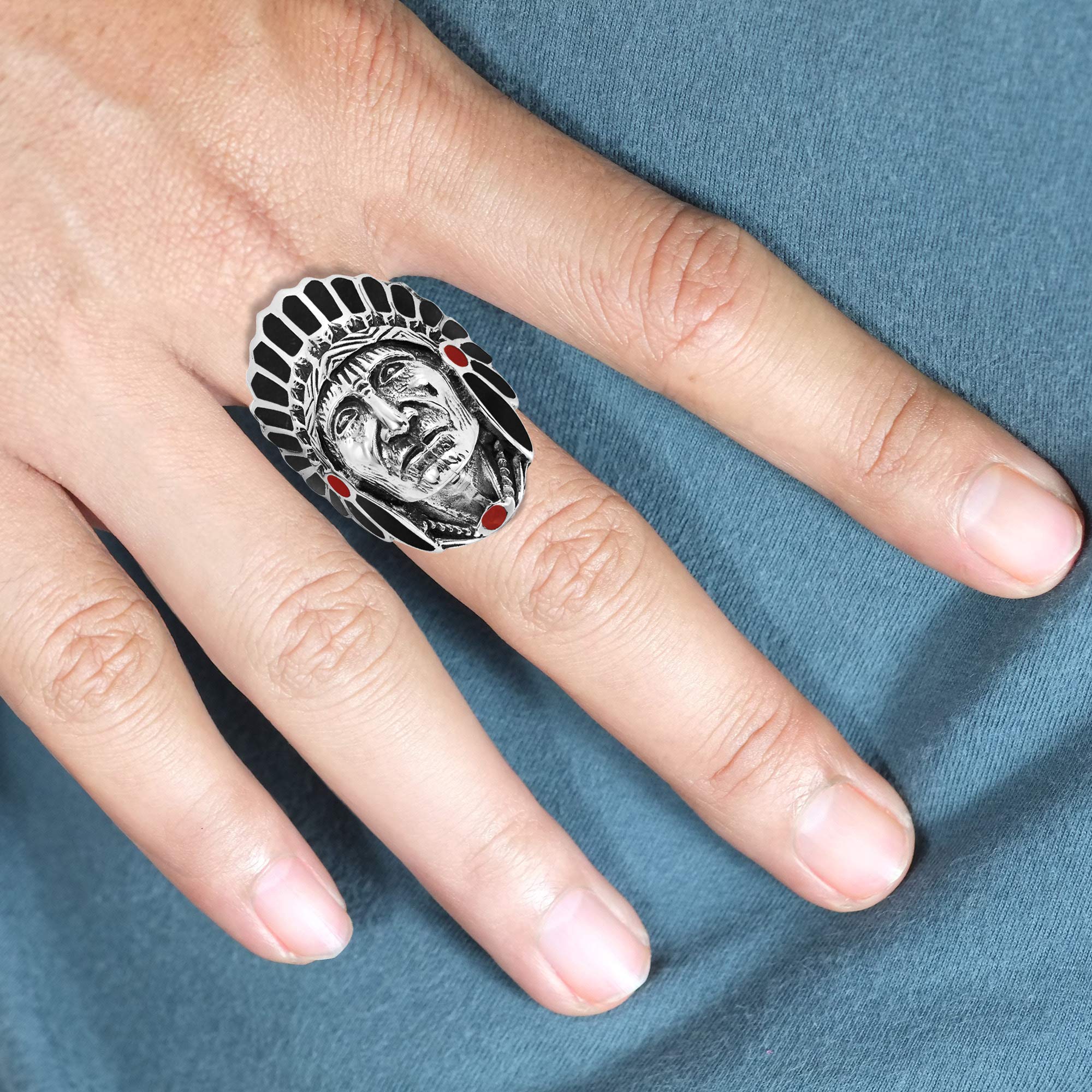 Simulated Black Onyx & Reconstructed Red Coral Accented Native American Style .925 Sterling Silver Ring (9)