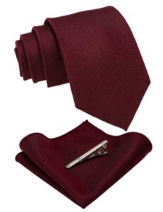 jemygins burgundy wool tie cashmere necktie and pocket square with tie clip sets for men(3)